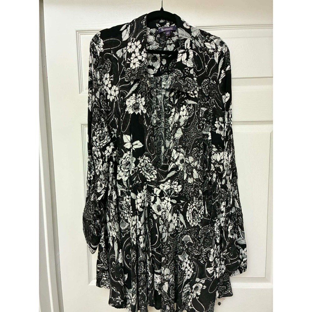Roaman's Tunic Blouse Womens 44W Black White Floral Plus Size Long Sleeve Pullov